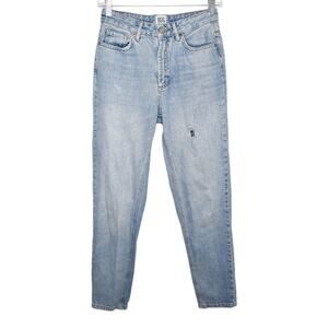 BDG Womens Blue Light Wash Distressed Mom Fit Straight Leg High Rise Jeans Sz 25